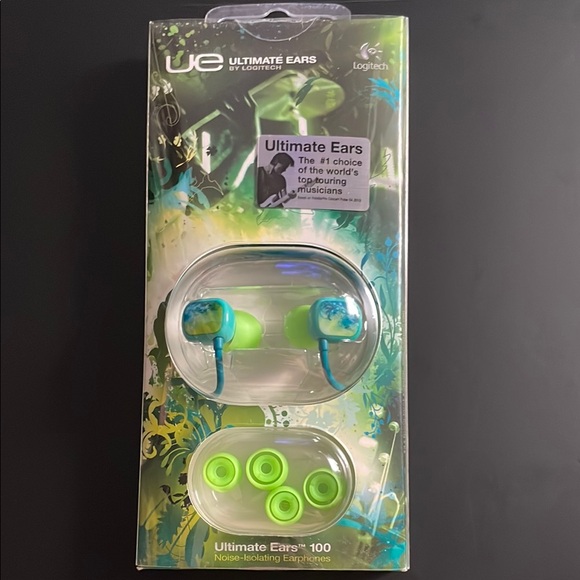 NEW Logitech Noise Isolating Ultimate Ears 100 Earphones - Blue & Green NIP 🆕